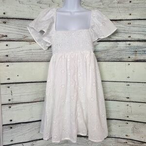 White Eyelet Puff Sleeve Dress Women’s Size M Smocked Bodice Summer